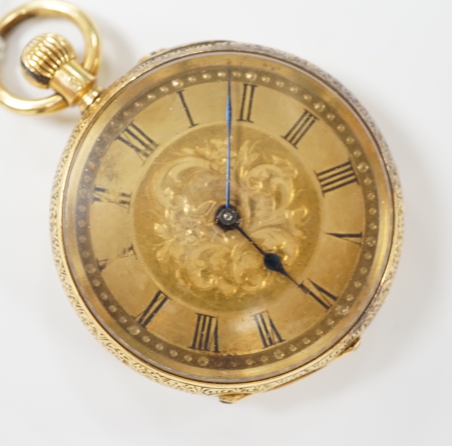 An early 20th century engraved 18k open face keyless fob watch